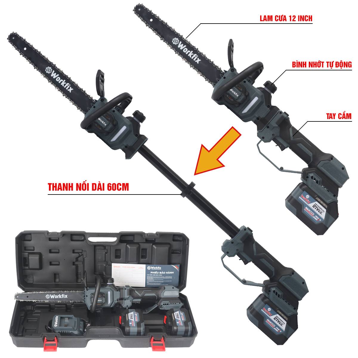 Máy cưa Workfix WF-CS12PROMAX, lam dài 12 inch, chạy pin, có bơm nhớt tự động, tích hợp cần nối dài 60cm - image 1