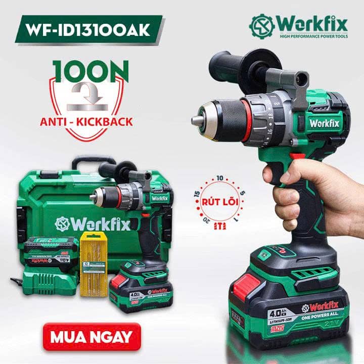 Máy khoan pin Workfix WF-ID13100AK, lực 100N, chuyên rút lõi, khoan tường, bắn vít, không chổi than - image 1