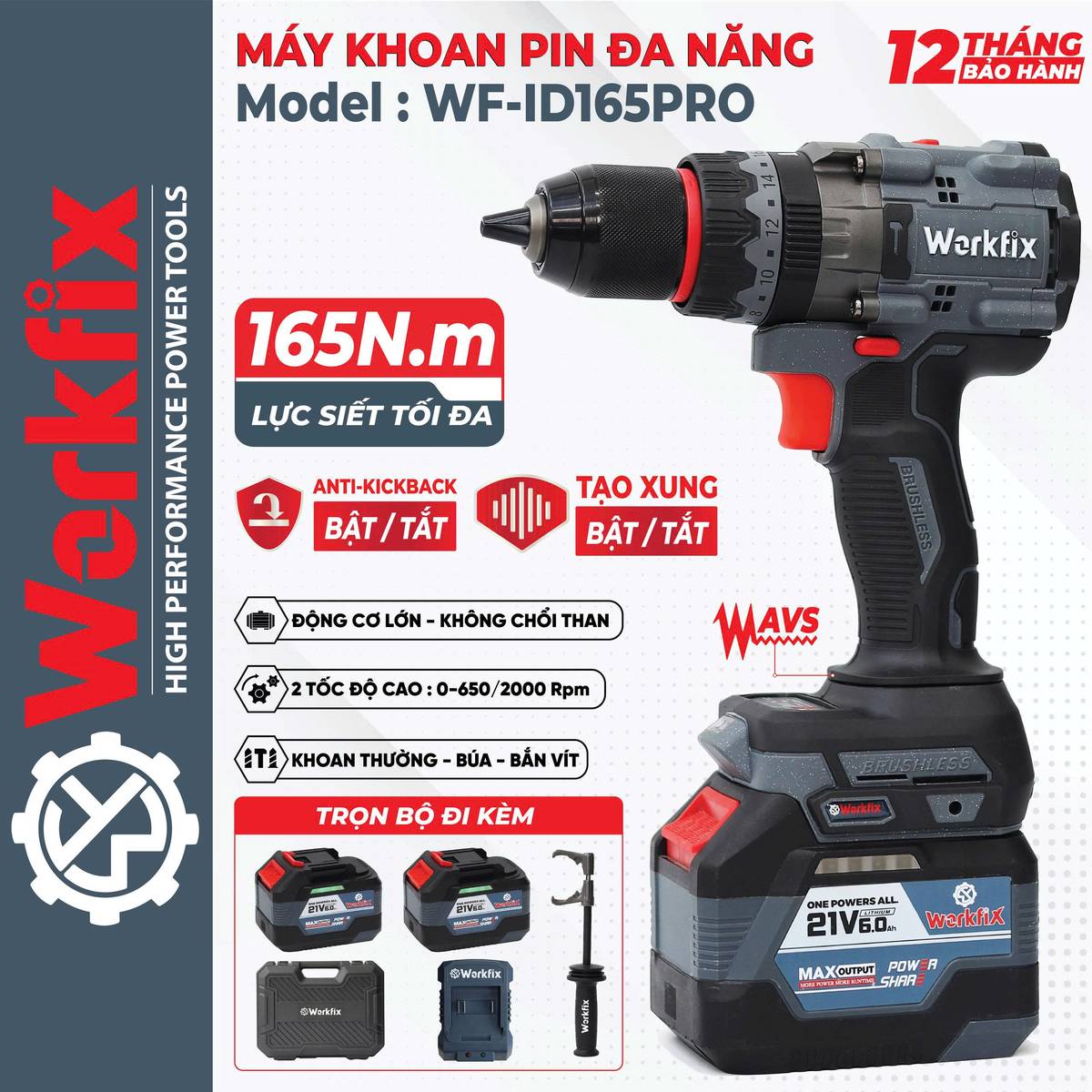 Máy khoan pin Workfix WF-ID165PLUS (165N.m), chống lật cổ tay, giảm chấn AVS - image 1