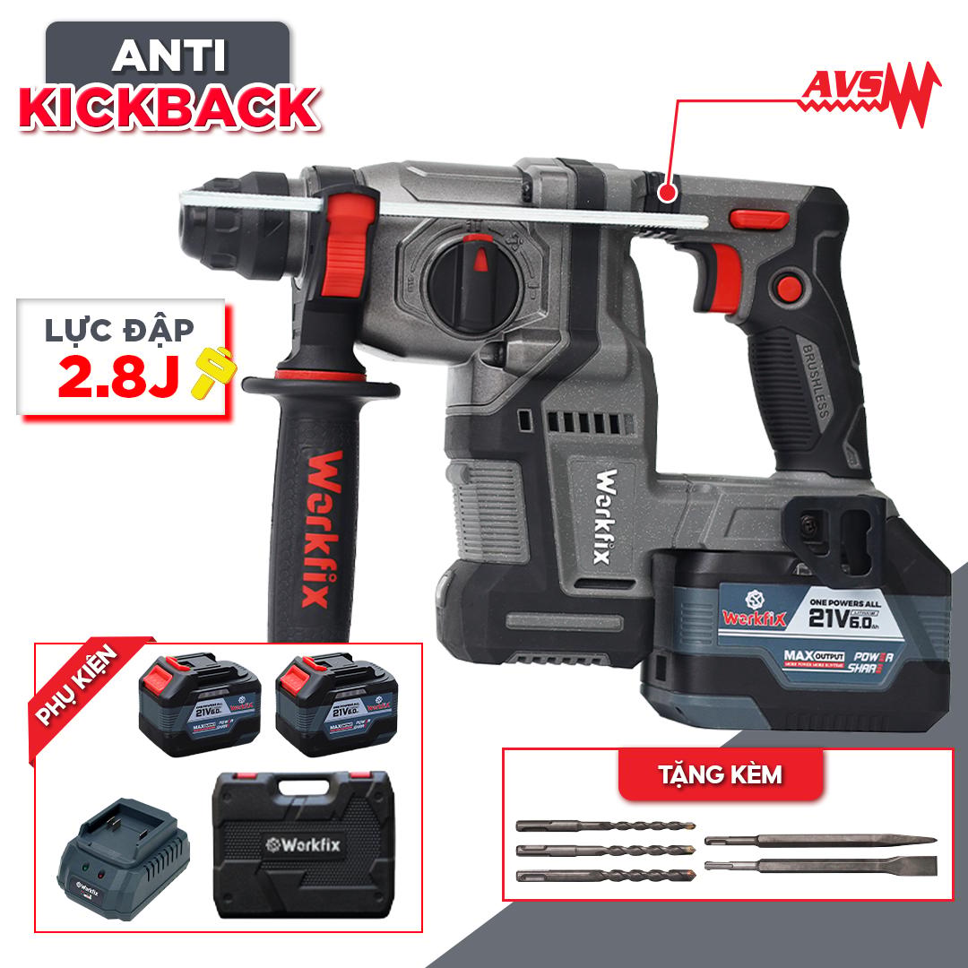 Máy khoan pin Workfix WF-RH2203PRO, chống lật cổ tay, giảm chấn AVS, có ANTI-KICKBACK