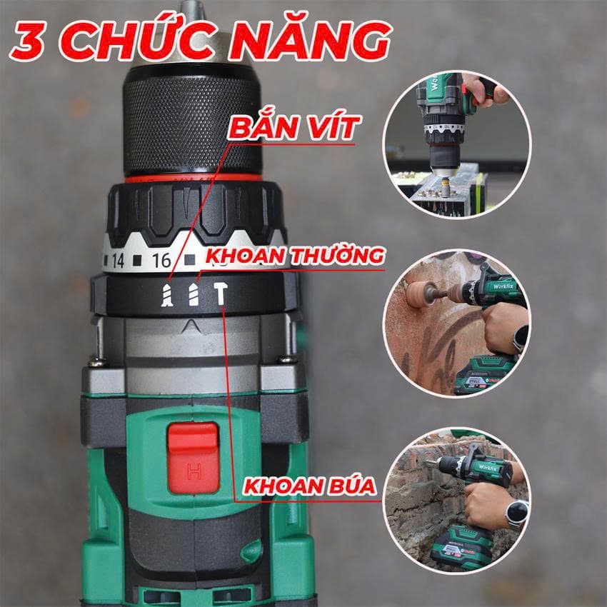 Máy Khoan Pin 160N WORKFIX WF-ID160AK - Không Chổi Than - Chuyên Khoan Tường, Khoan Rút Lõi, Bắt Vít — ĐA NĂNG