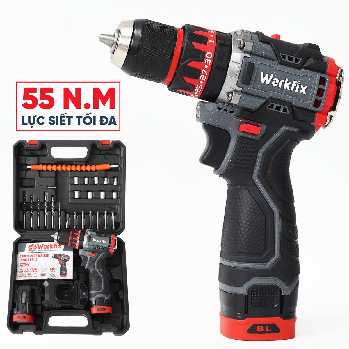 Máy khoan pin Workfix 16.8V WF-ID1016BL Auto lock, khoan pin không chổi than, tặng kèm bộ phụ kiện 24 chi tiết