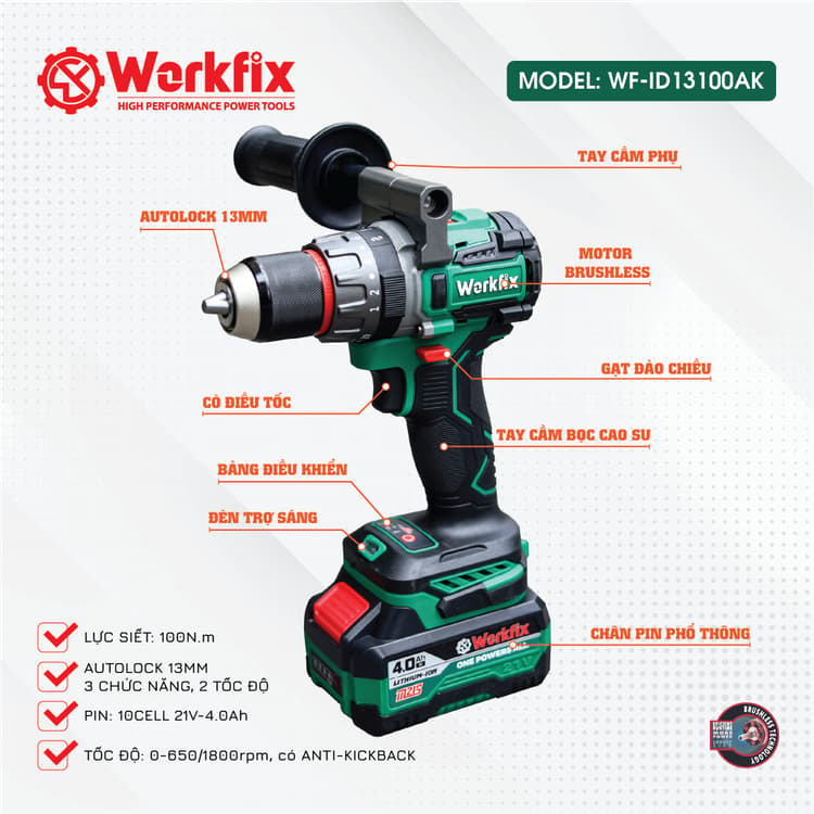 Máy Khoan Pin WORKFIX WF-ID13100AK Lực 100N Chuyên Rút Lõi, Khoan Tường, Bắn Vít, Không Chổi Than — ANTIKICKBACK CHỐNG LẬT CỔ TAY