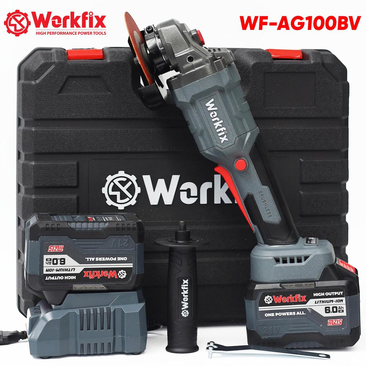 Máy mài, cắt pin công tắc bóp Workfix WF-AG100BV, không chổi than 100% lõi đồng, kèm phụ kiện