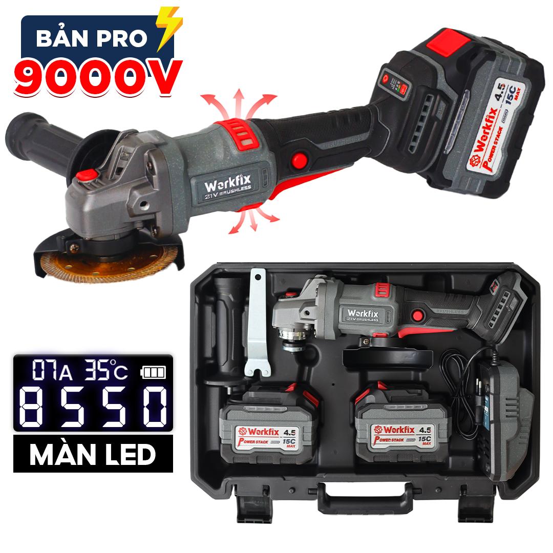 Máy mài pin Workfix WF-AG9000ATC, có Anti-Kick Back, không chổi than, 3 tốc độ, 5 tính năng an toàn