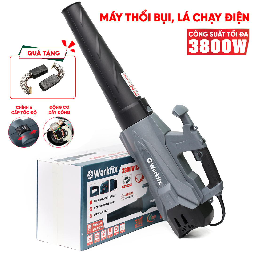 Máy thổi điện Workfix WF-ELB3800W, tặng bộ chổi than cao cấp, công suất 3800W thổi liên tục
