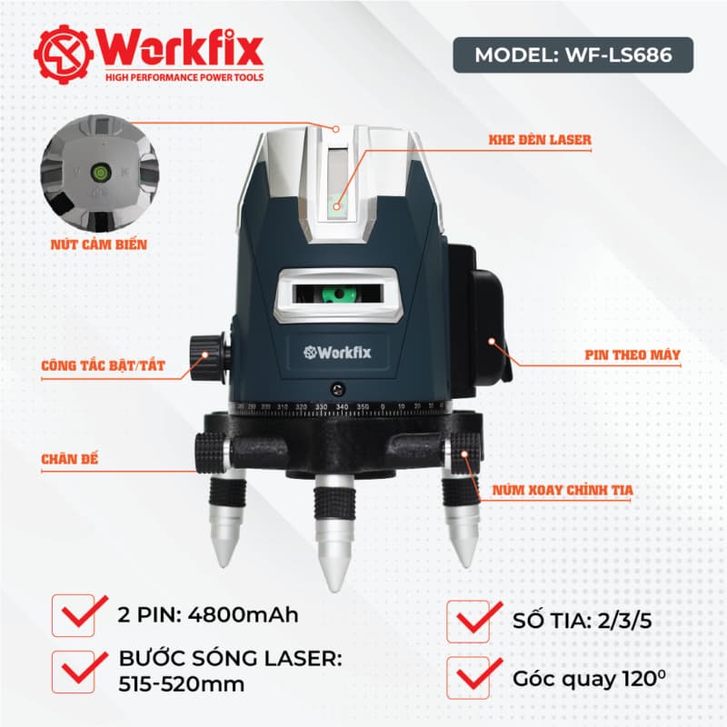 Máy Bắn Cốt, Cân Bằng Laze WORKFIX WF-LS05X, 5 Tia Xanh, Xoay 360°, Kèm Chân 1m3 — THIẾT KẾ NHỎ GỌN CAO CẤP
