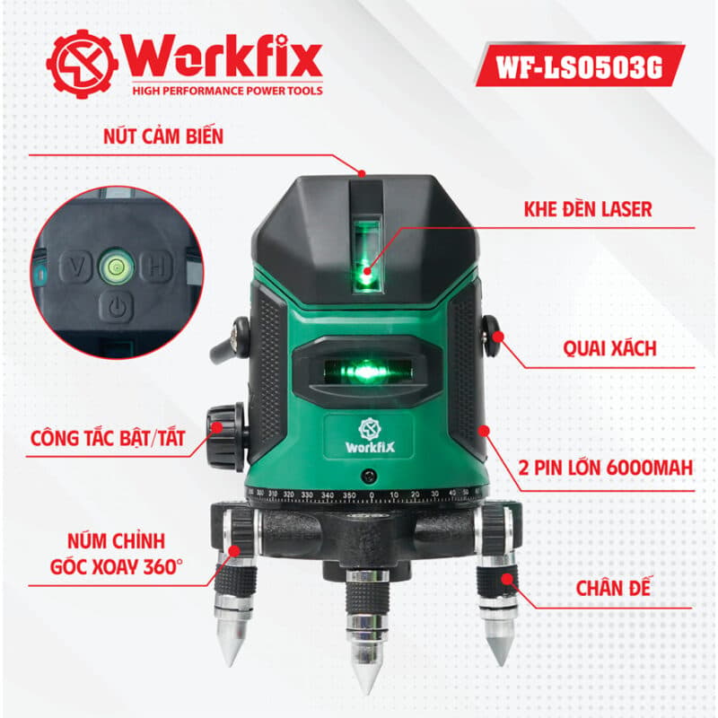 Máy cân bằng laser WORKFIX WF-LS0503G , 5 tia xanh bóng LED siêu sáng Phím cảm ứng Hộp nhôm — CÓ ĐIỀU KHIỂN TỪ XA BẰNG BLUETOOTH