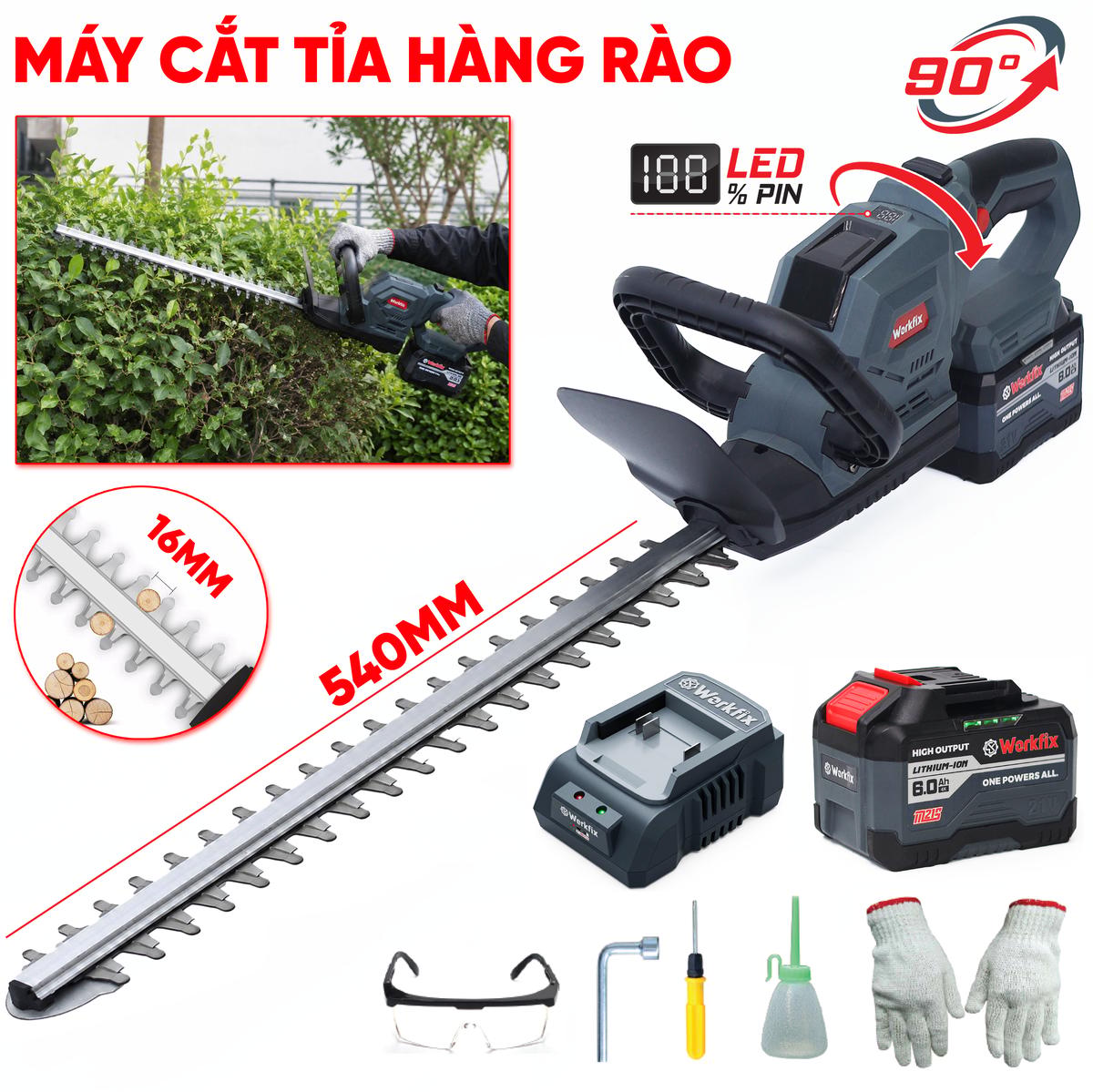 Máy cắt tỉa hàng rào chạy pin Workfix WF-HT560, công tắc kép an toàn, lưỡi dài 54cm