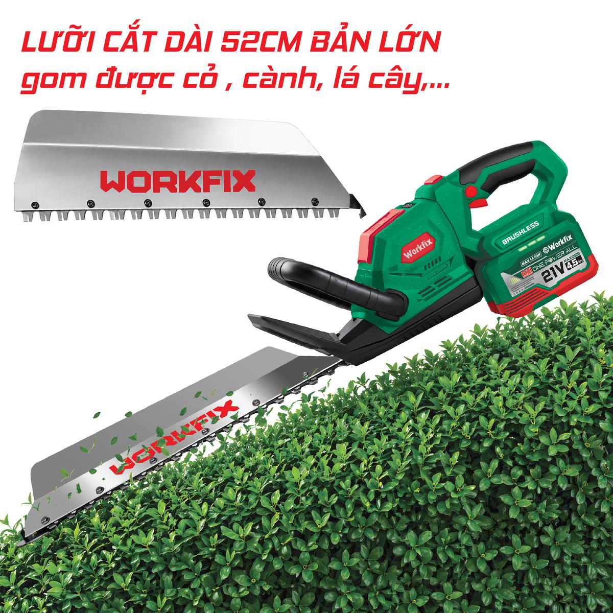 Máy Cắt Tỉa Hàng Rào Pin Workfix WF-HT520PRO, Lưỡi Bản To Cắt Bén Gom Cành - Xoay Góc Cắt 90 Độ
