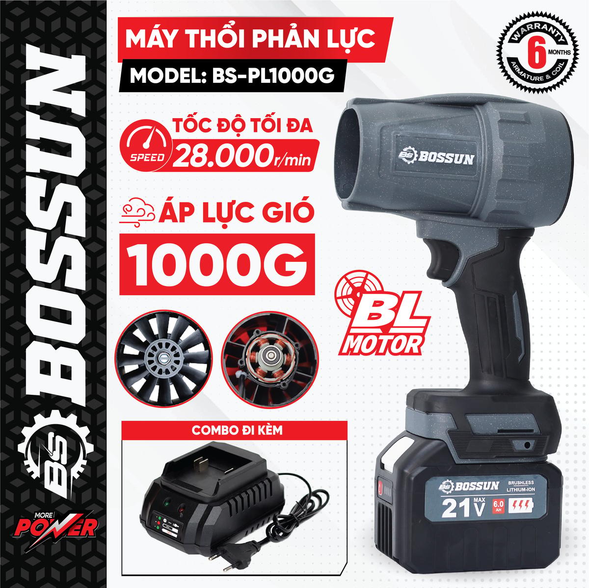 Máy thổi phản lực pin Bossun BS-PL1000G, Không chổi than, 900w, 28000v/p, Áp lực gió 1000G