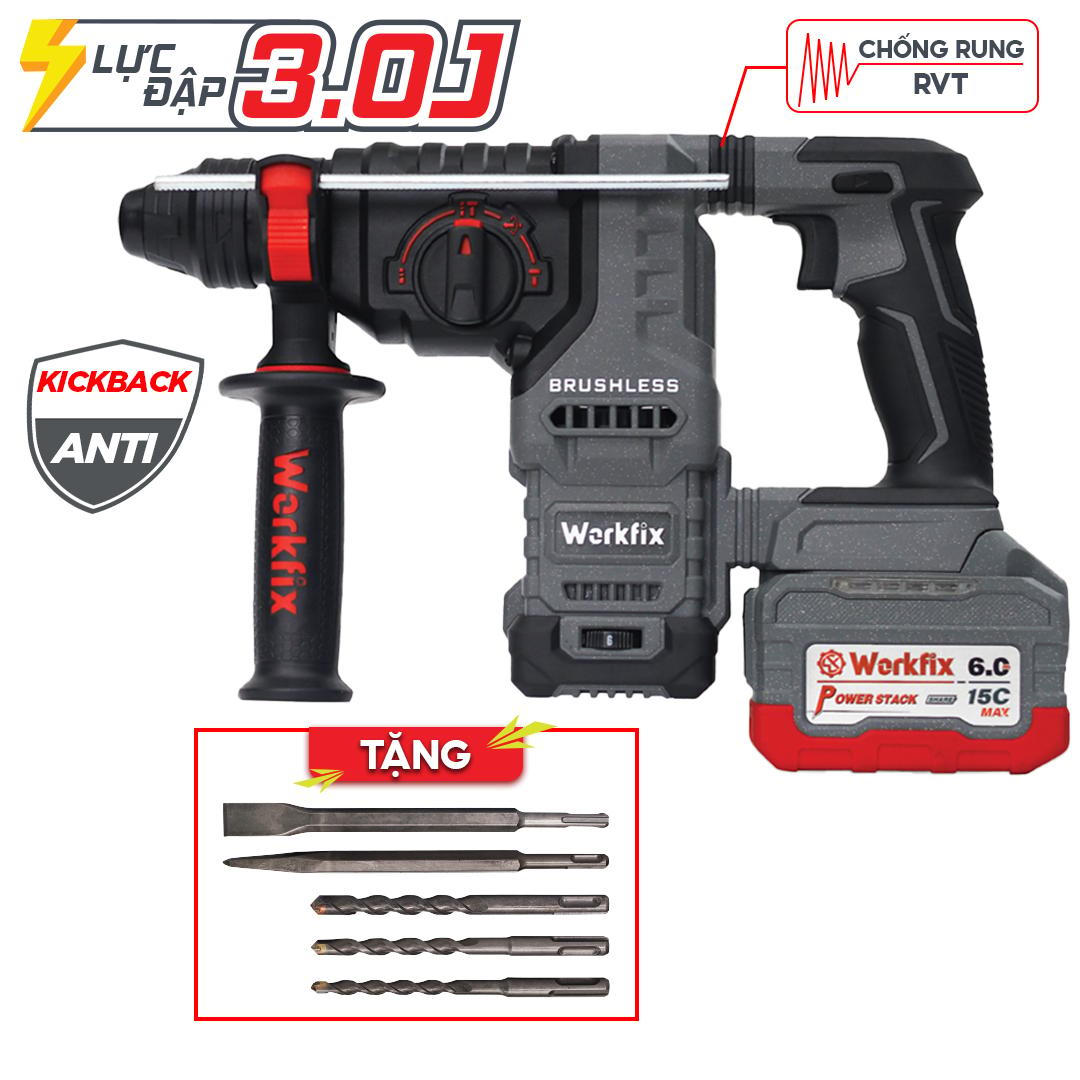 Máy khoan đục bê tông Workfix WF-RH3003ATC 3,0J Anti-Kickback 6 tốc độ (khoan, búa, đục), chuyên khoan đục bê tông
