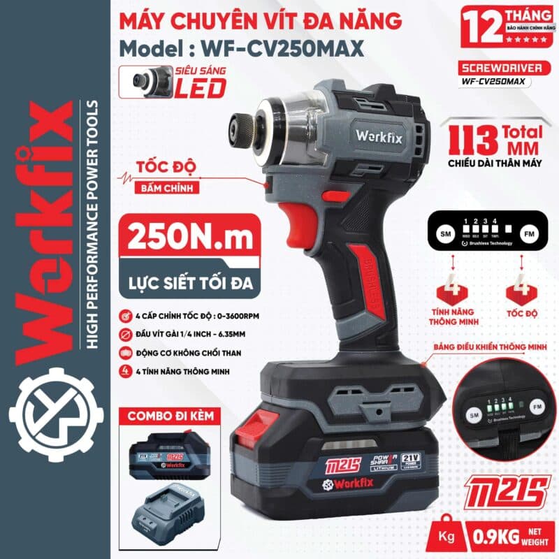 Máy Chuyên Vít Workfix WF-SD250MAX, Vặn Vít Cực Khỏe, Cực Nhanh — LỰC 250N SIẾT, VÍT BULONG, ỐC CỰC MẠNH